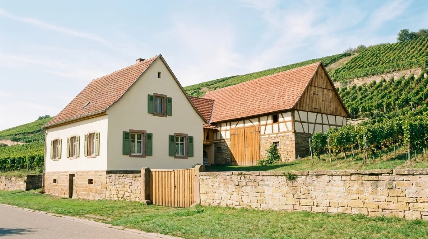 Das Anwesen von der Straße, dahinter der Hang