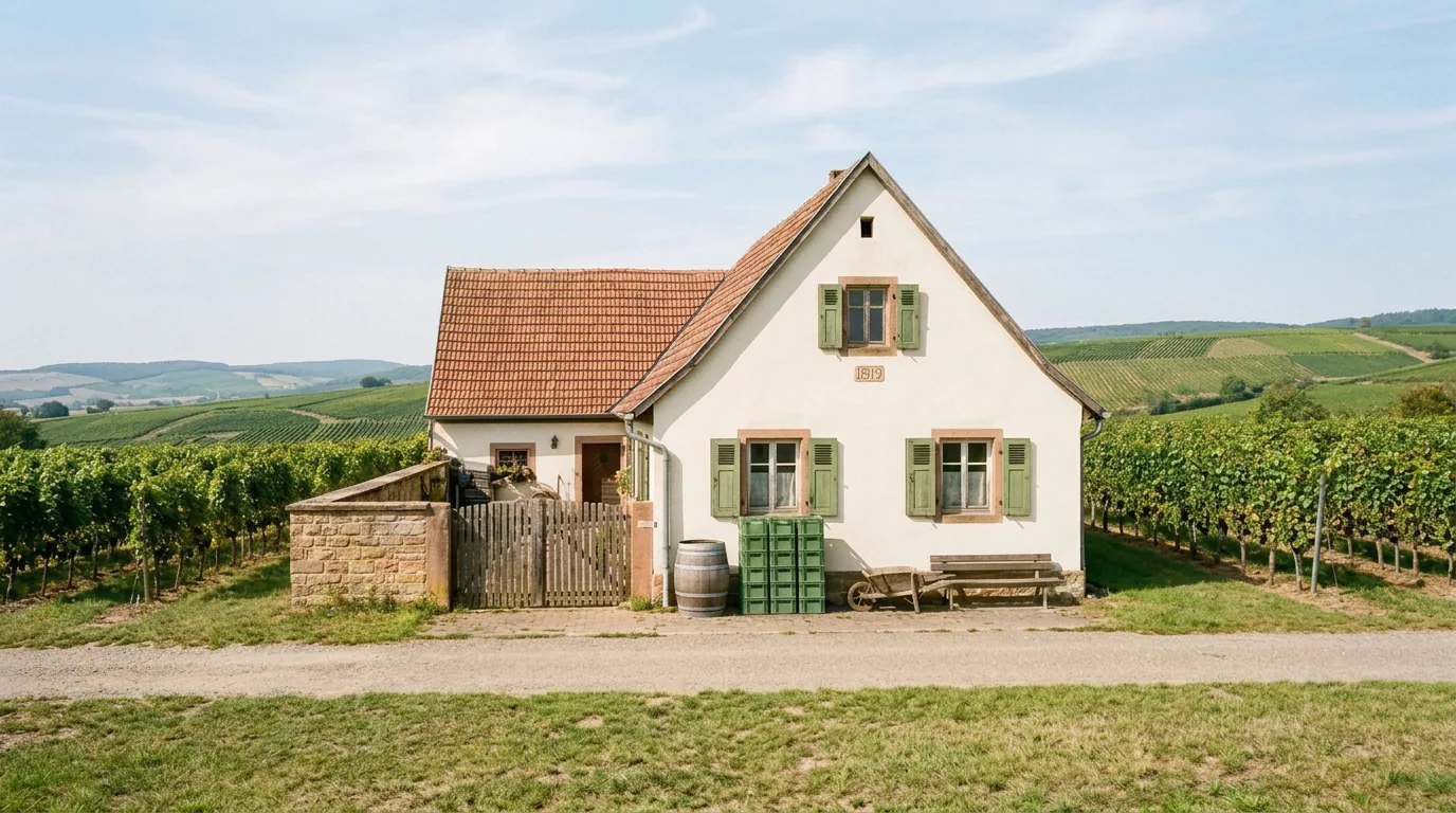 Das Winzerhaus des Weinguts Neue Erde zwischen Rebzeilen, dahinter die Hügel